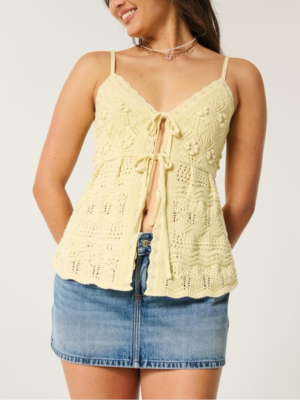 Hollister Yellow Crochet Knit Tie Front V Neck Babydoll Boho Cami Sweater Tank M